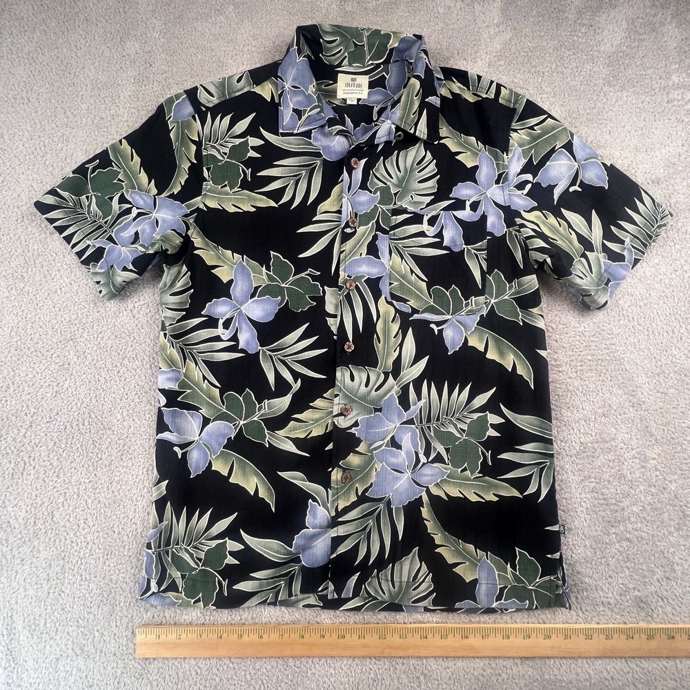 Silk Tropical Hawaiian Button Down Shirt Mens Small Black Floral Solitude